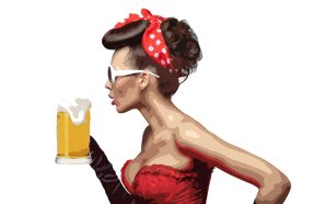 image d'une femme dressé avec des long gants noirs, corset et des lunettes de soleil blancs au point de boire une grande bière