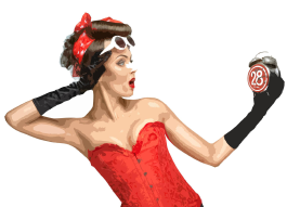 image d'une femme dressé avec des long gants noirs, corset et des lunettes de soleil blancs qu'elle est entrain de s'enlever regardant une montre en attitude surprise